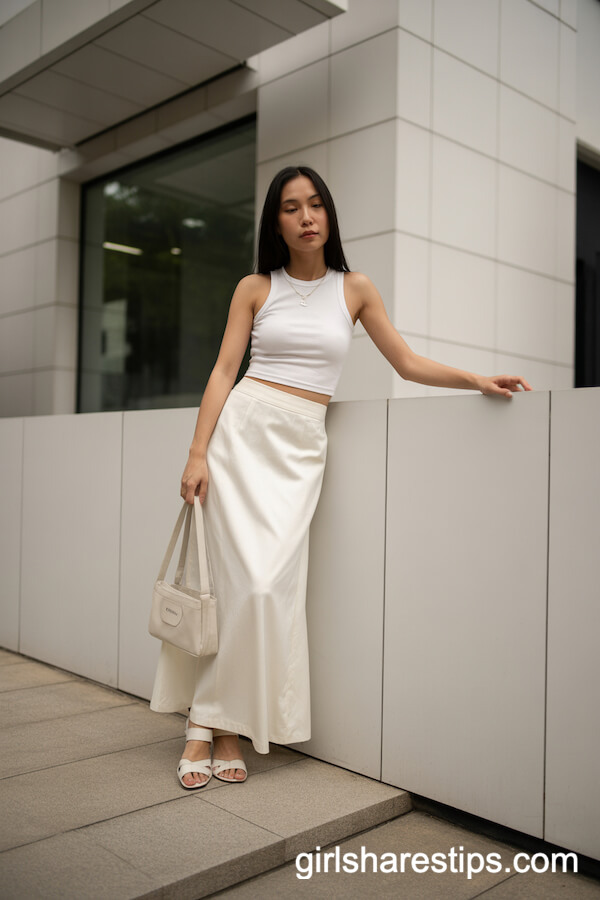 Minimalist Monochrome: White Maxi Skirt and Fitted Top