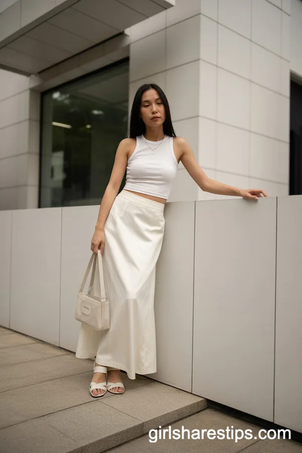 Minimalist Monochrome: White Maxi Skirt and Fitted Top