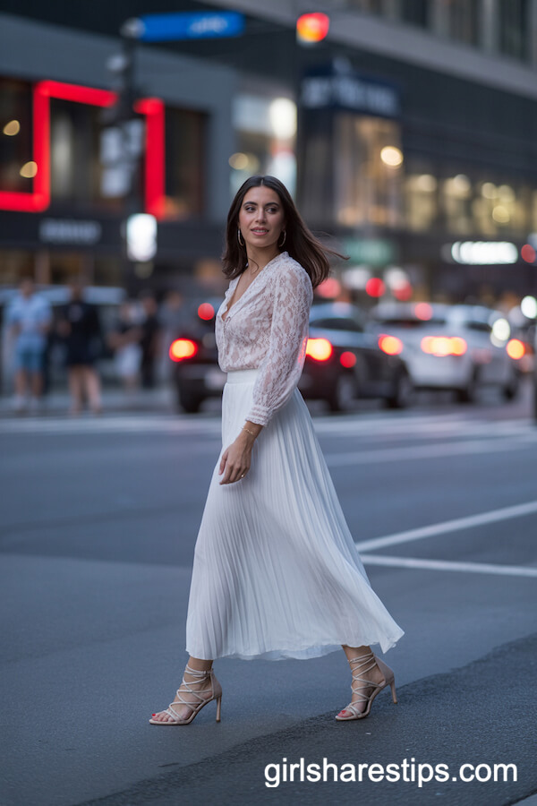 Evening Downtown: White Maxi Skirt with Lace Blouse and Heels