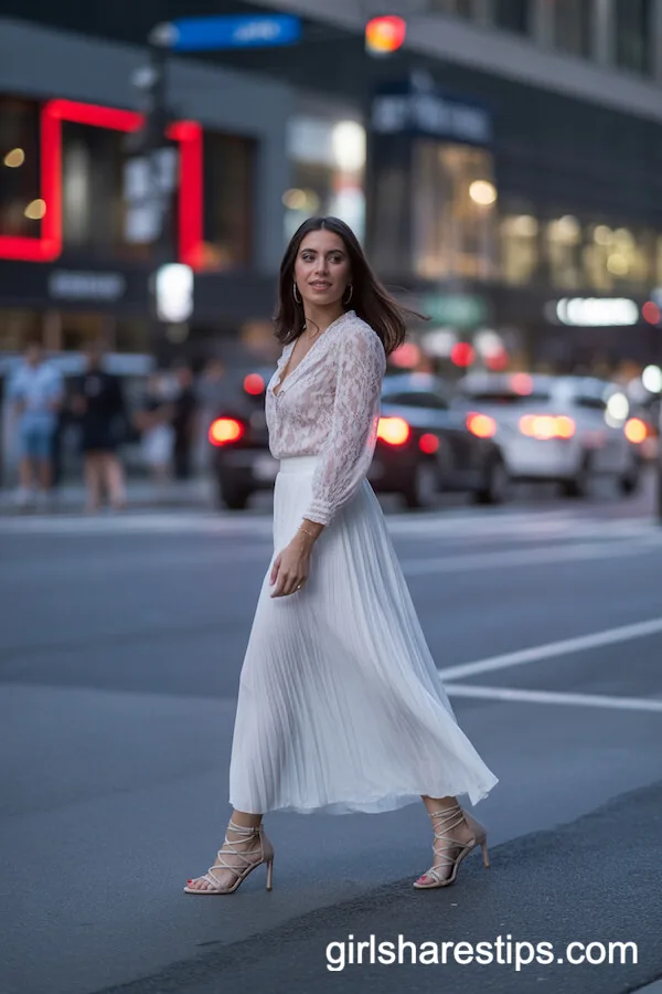 Evening Downtown: White Maxi Skirt with Lace Blouse and Heels