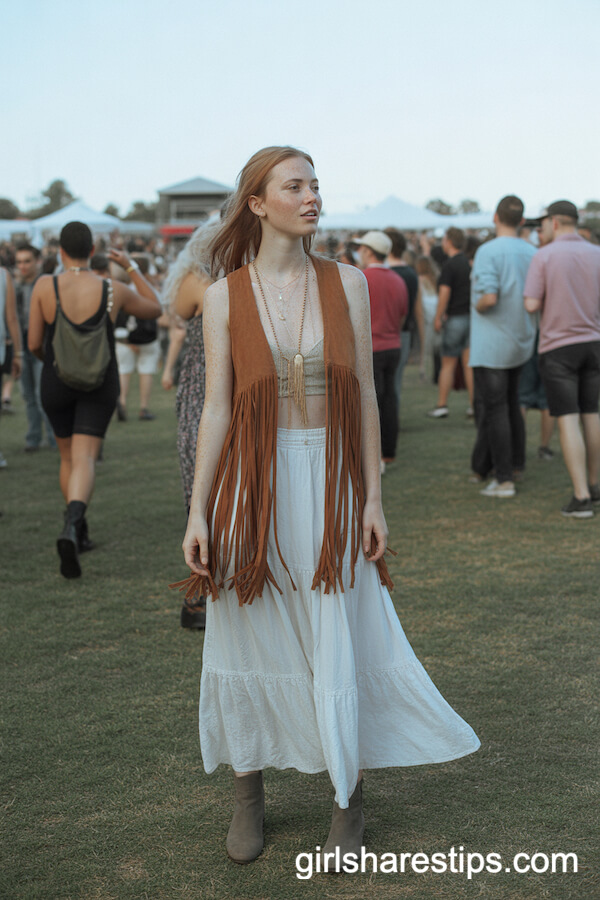 Festival Boho: White Maxi Skirt with Fringe Vest and Ankle Boots
