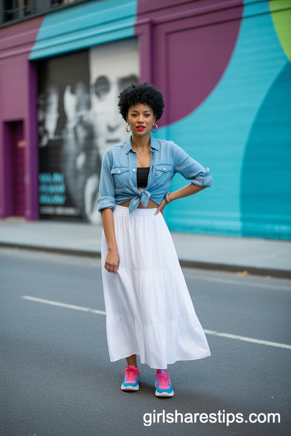 Street Art Inspired: White Maxi Skirt with Denim Shirt and Bright Sneakers