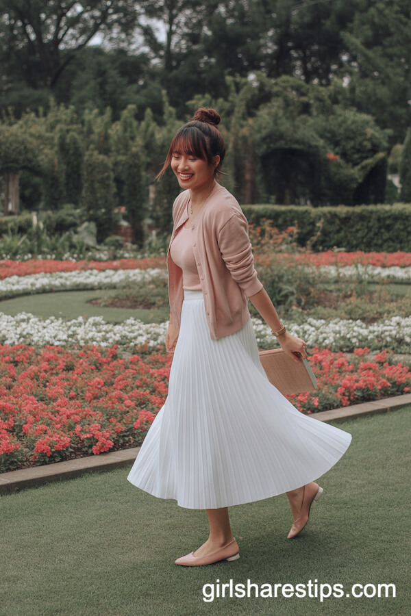 Garden Fresh: White Pleated Maxi Skirt with Pink Cardigan