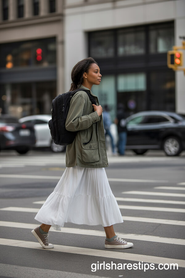 On-the-Go Utility: White Maxi Skirt with Olive Jacket and Backpack