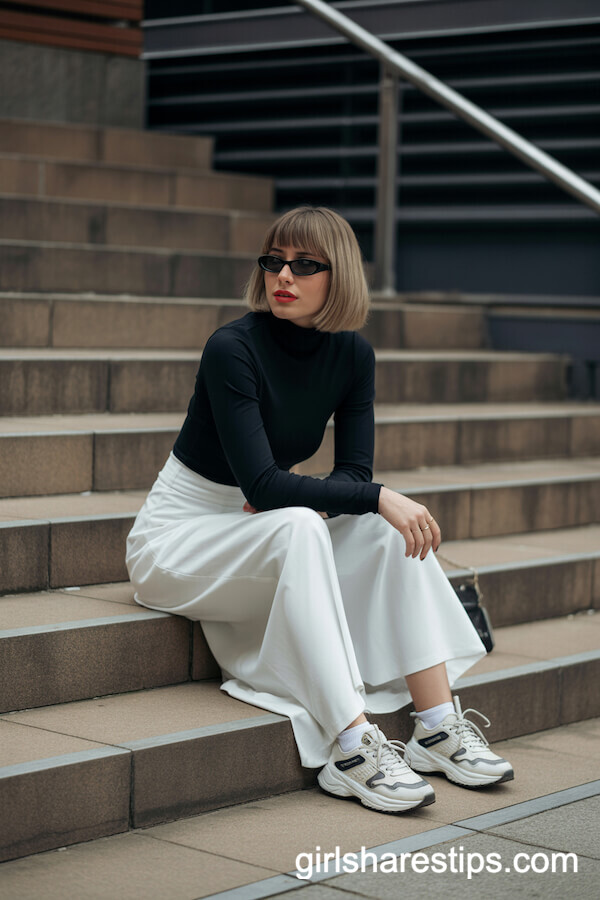 Retro Urban: White Maxi Skirt with Turtleneck and Chunky Sneakers