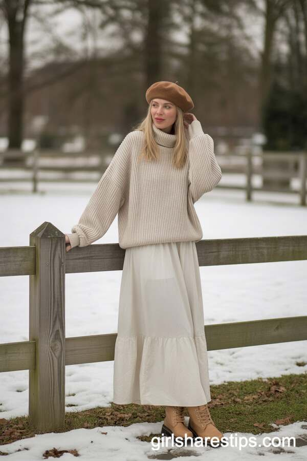 Winter Warmth: White Maxi Skirt with Cream Sweater and Beret