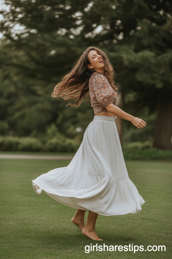 Flowy White Maxi Skirt and Floral Crop Top for a Boho Park Look