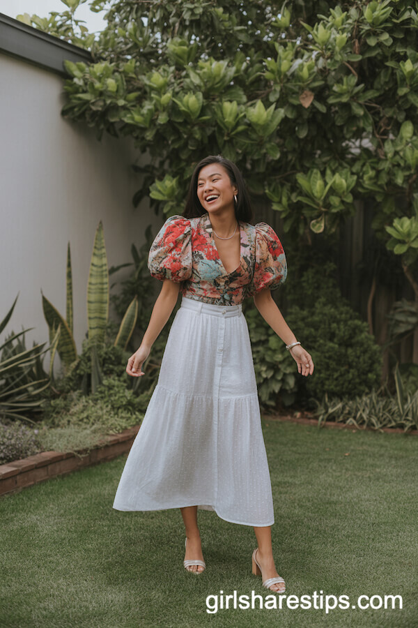 Garden Party: High-Waisted White Maxi Skirt with Bold Floral Blouse