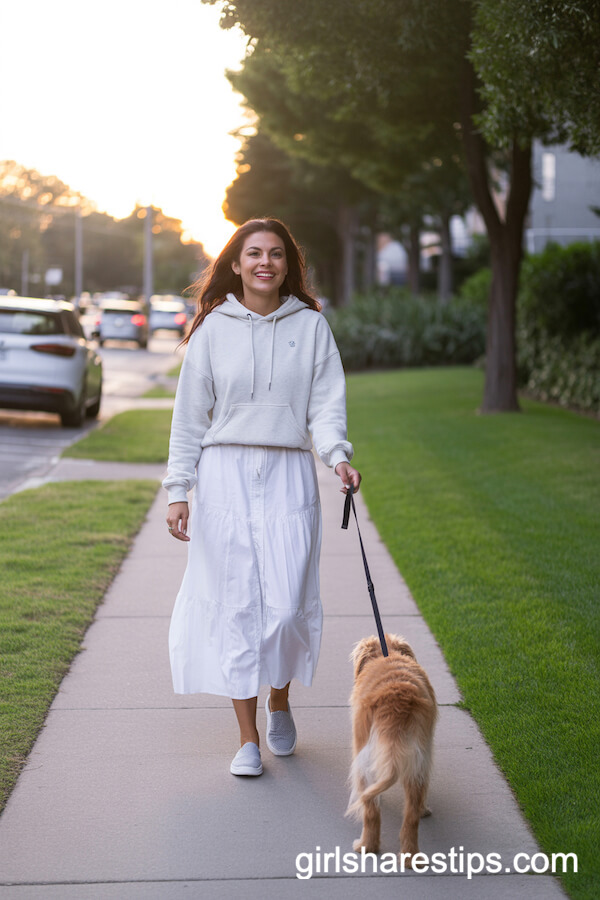 Laid-Back Suburban: White Maxi Skirt with Hoodie for Dog Walks