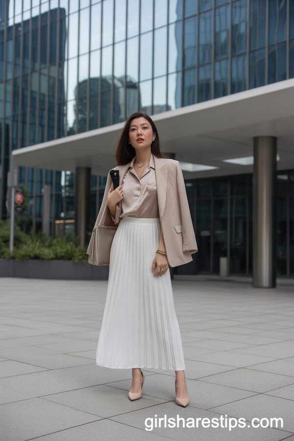 Professional Office Outfit: White Maxi Skirt with Blazer and Heels