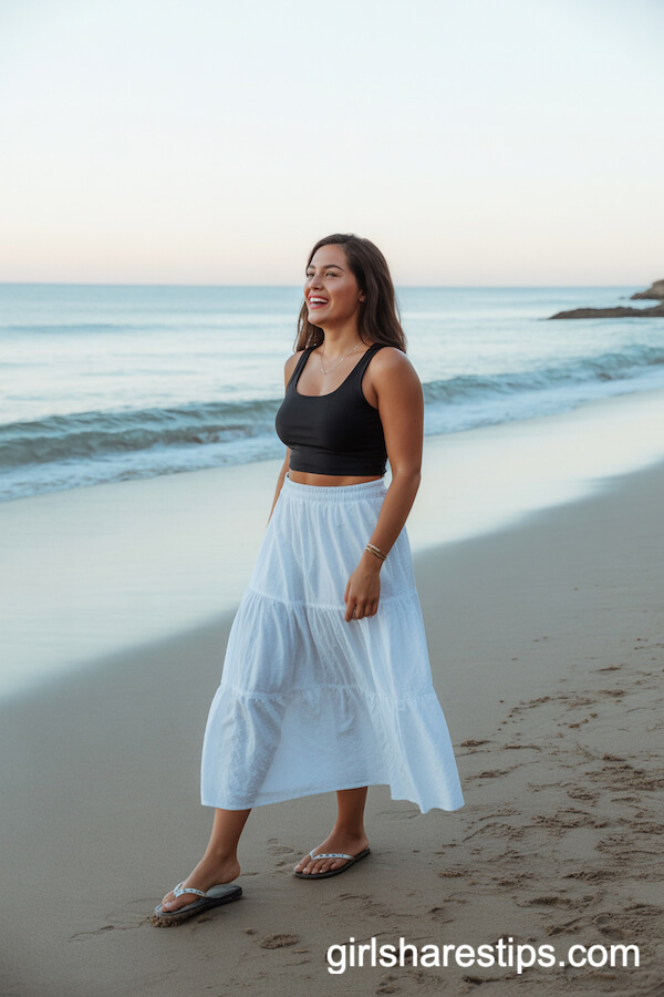 Beach Day Vibes: White Maxi Skirt with Black Tank Top