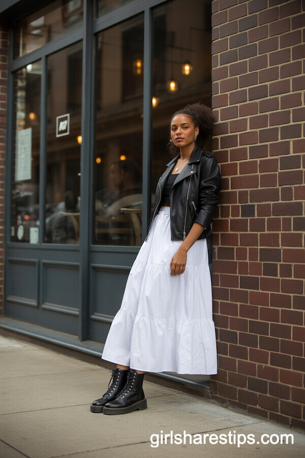 Edgy Style: White Maxi Skirt with Leather Jacket and Combat Boots