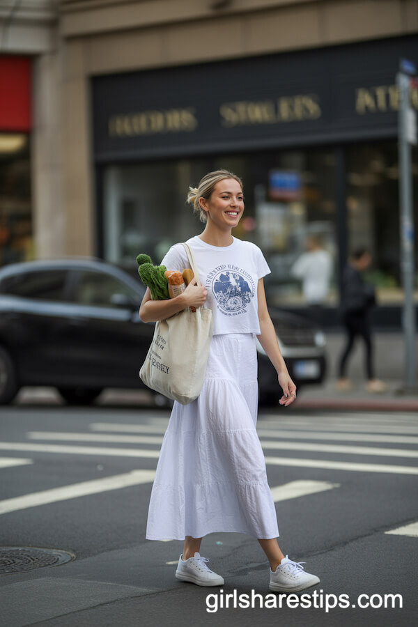 Casual City Errands: White Maxi Skirt with Graphic Tee and Sneakers