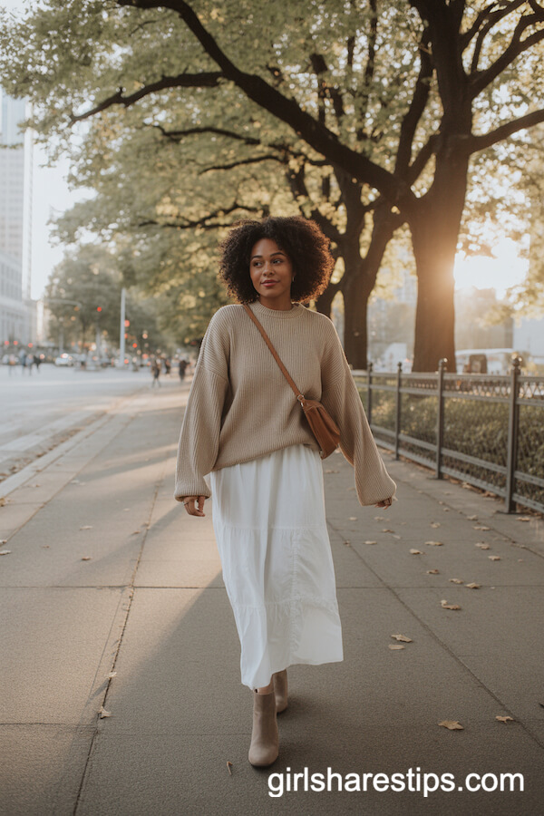 Autumn Stroll: White Maxi Skirt with Oversized Sweater and Ankle Boots