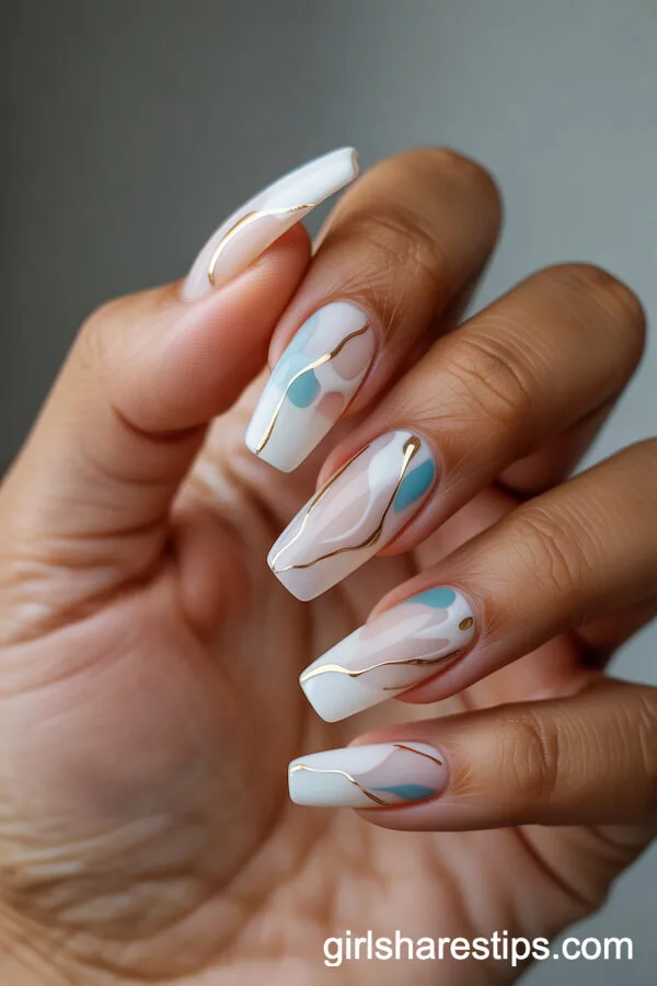 Coffin-Shaped Matte White Nails with Abstract Color Splashes