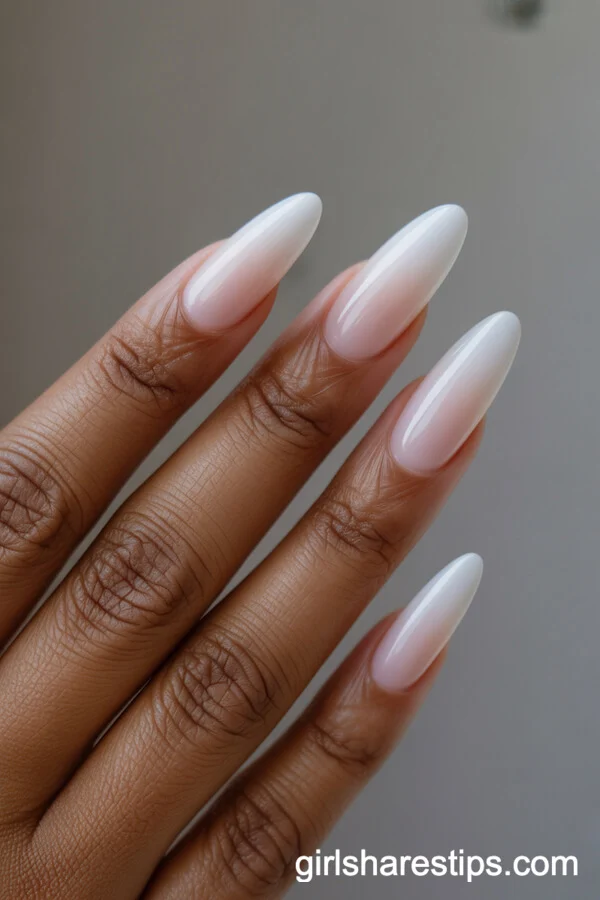 Long Almond Nails with White-to-Nude Ombr&eacute; Gradient