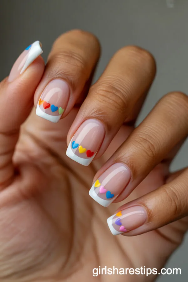 Square White Nails with Multicolor Heart Tips
