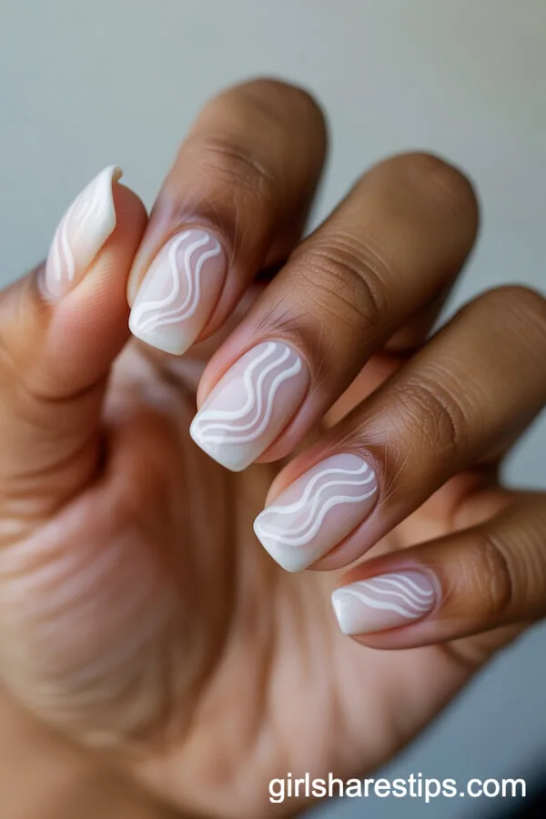 Squoval White Nails Featuring Modern Pastel Wavy Lines