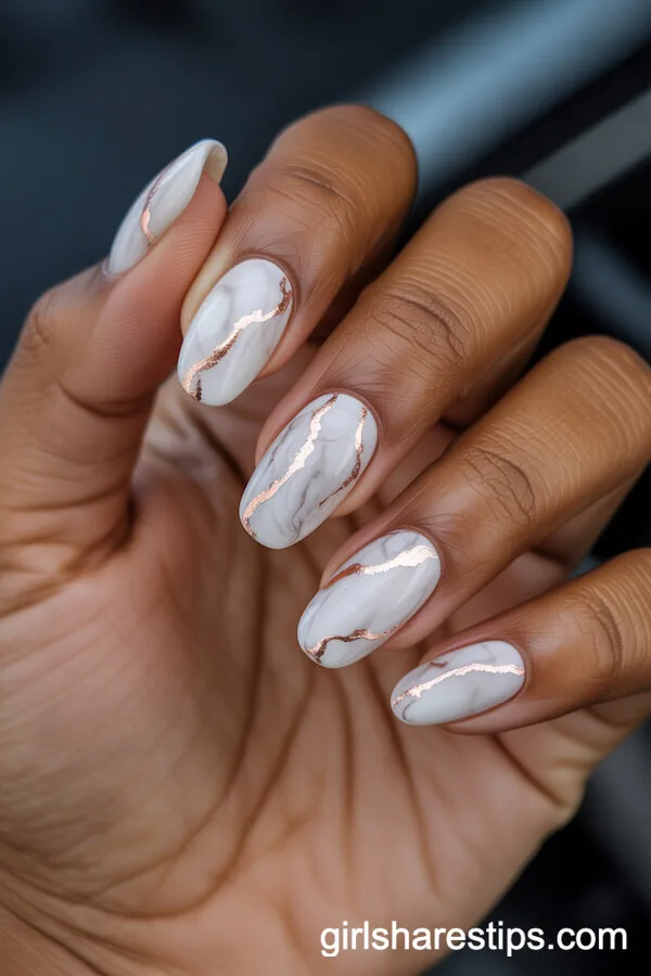 Squoval Nails with Elegant White Marble and Rose Gold Foil