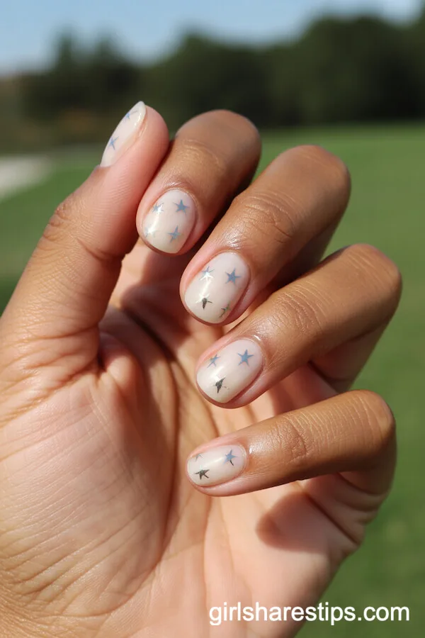 Short White Round Nails with Tiny Metallic Star Details