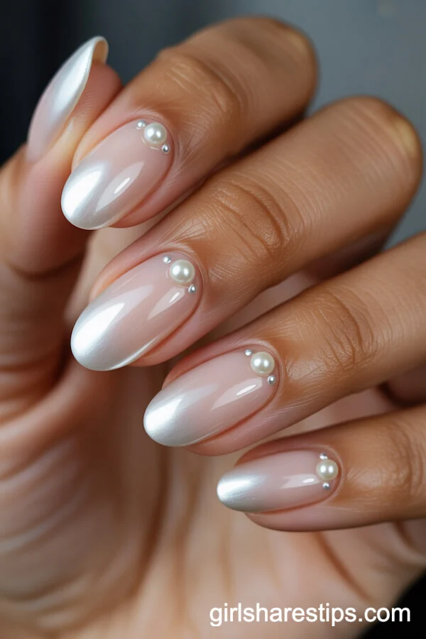 Glossy White Oval Nails with Pearl Stud Accents