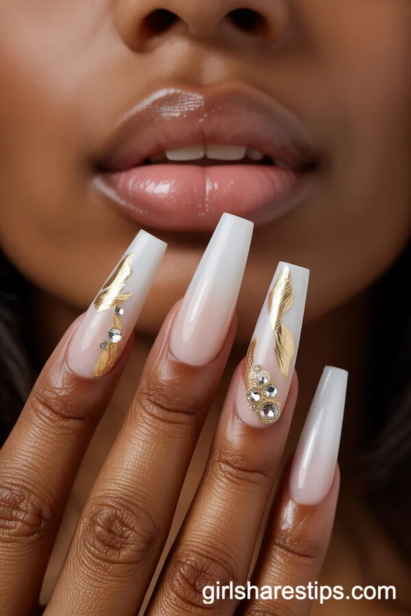 Long Coffin White Nails with Luxury Gold Leaf and Crystal Embellishments