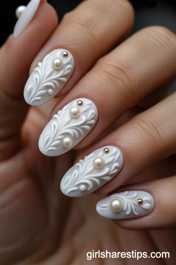 White Oval Nails with 3D Baroque Floral and Gold Bead Details