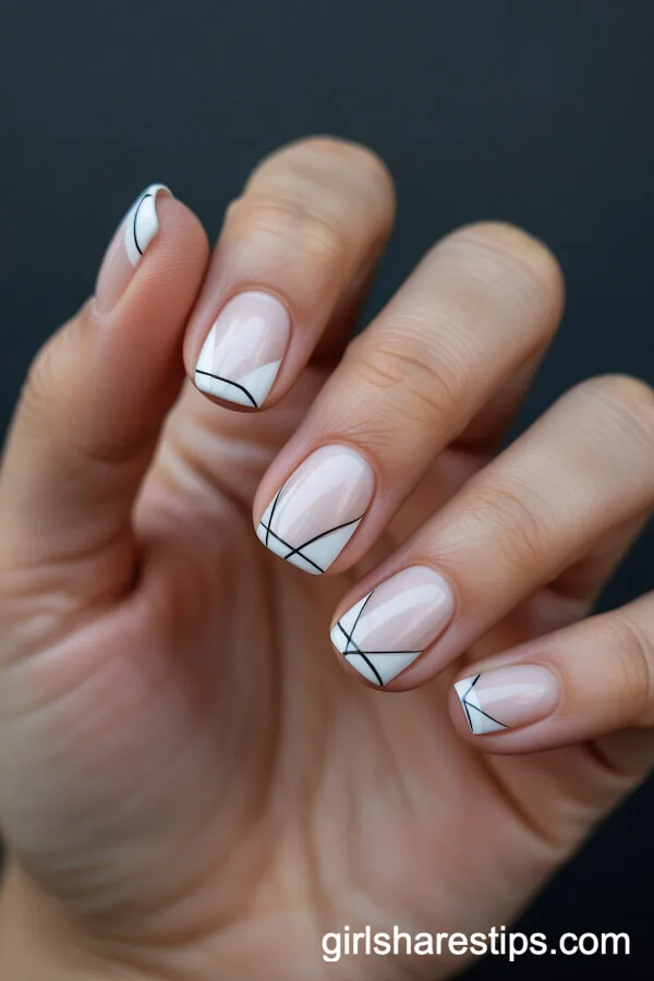 Square White Nails with Geometric Black Line Art