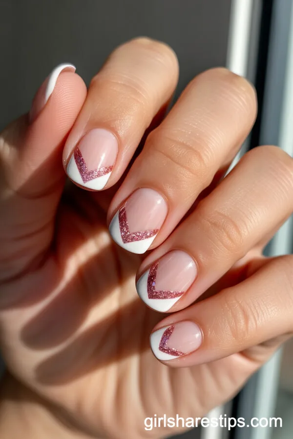 Short White Round Nails with Pink Glitter Heart French Tips