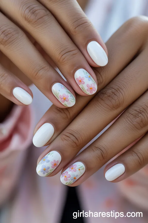 White Oval Nails Decorated with Pastel Floral and Greenery Art