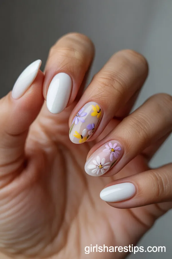 White Oval Nails Featuring Pastel Wildflower Art