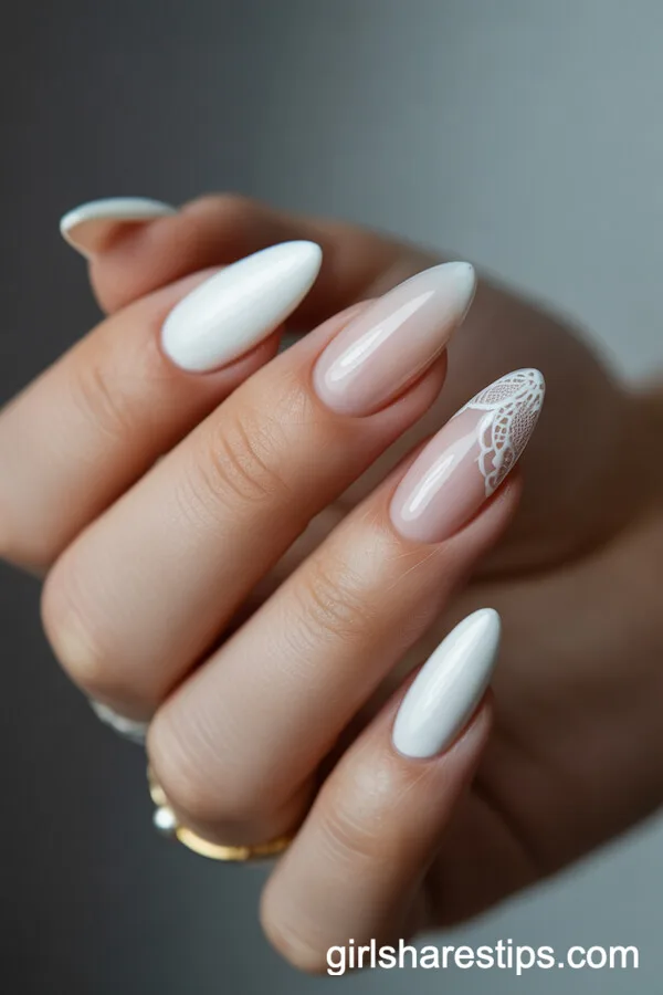 Almond White Nails with Lace Pattern Accent Nails