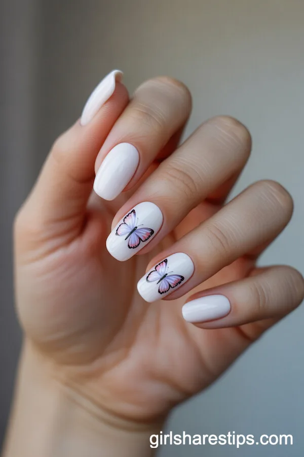 Squoval White Nails Adorned with Pastel Butterflies