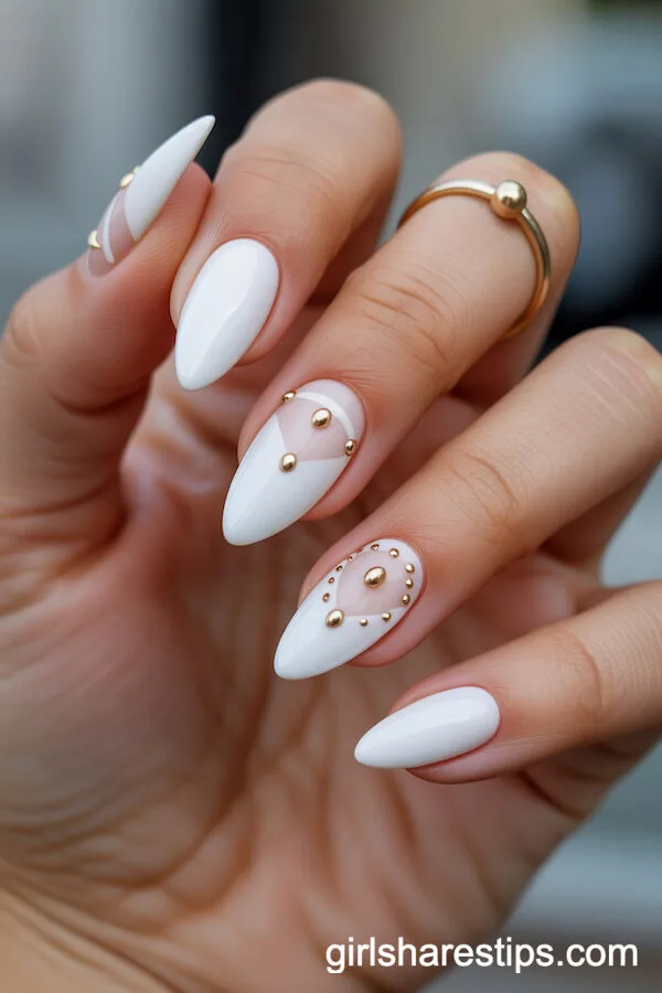 Matte White Almond Nails with Boho Gold Studs