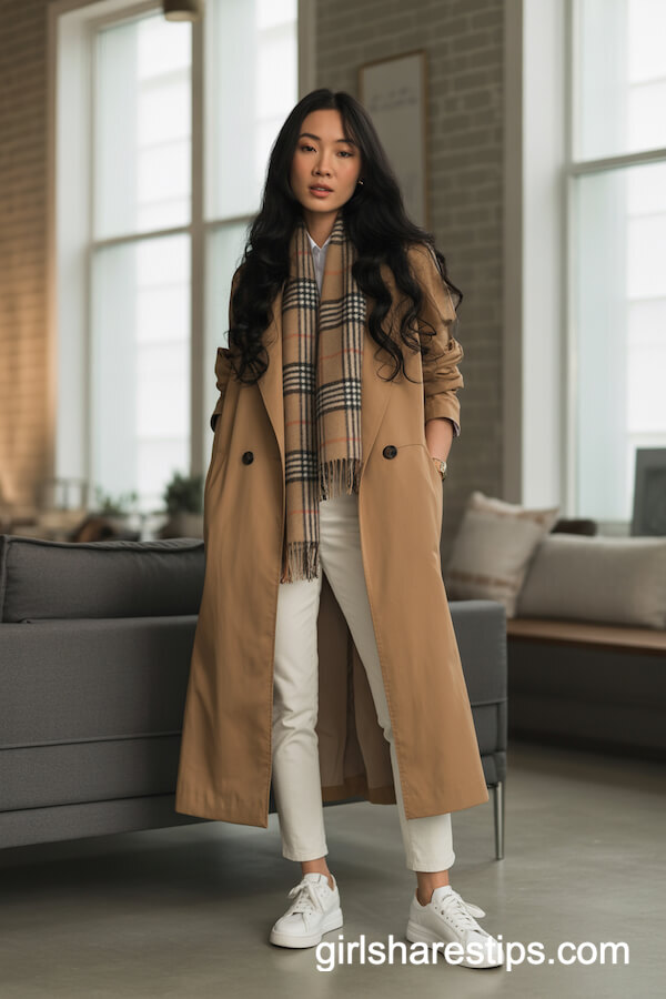Trench Coat with White Sneakers