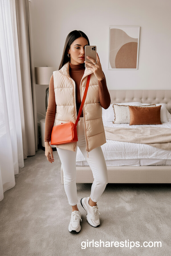 Puffer Vest with Orange Crossbody Bag