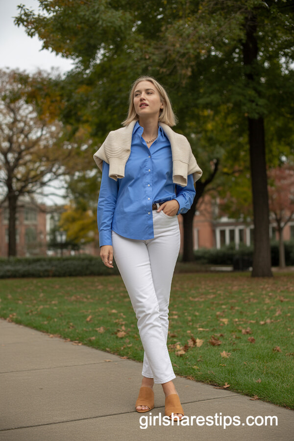 Button-Down with Cream Sweater Drape