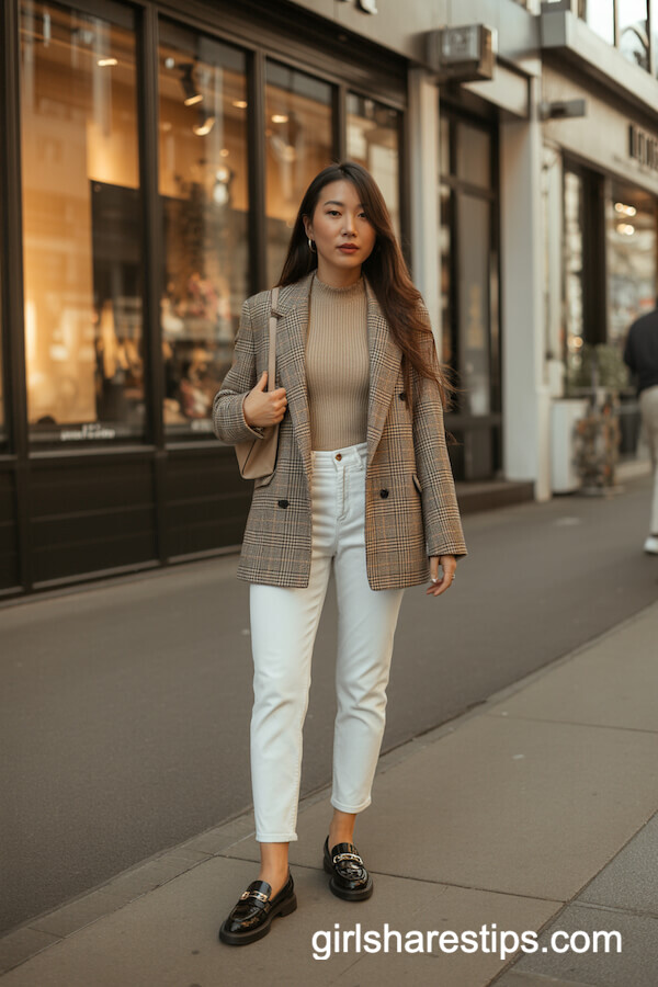 Plaid Blazer with White Cigarette Pants