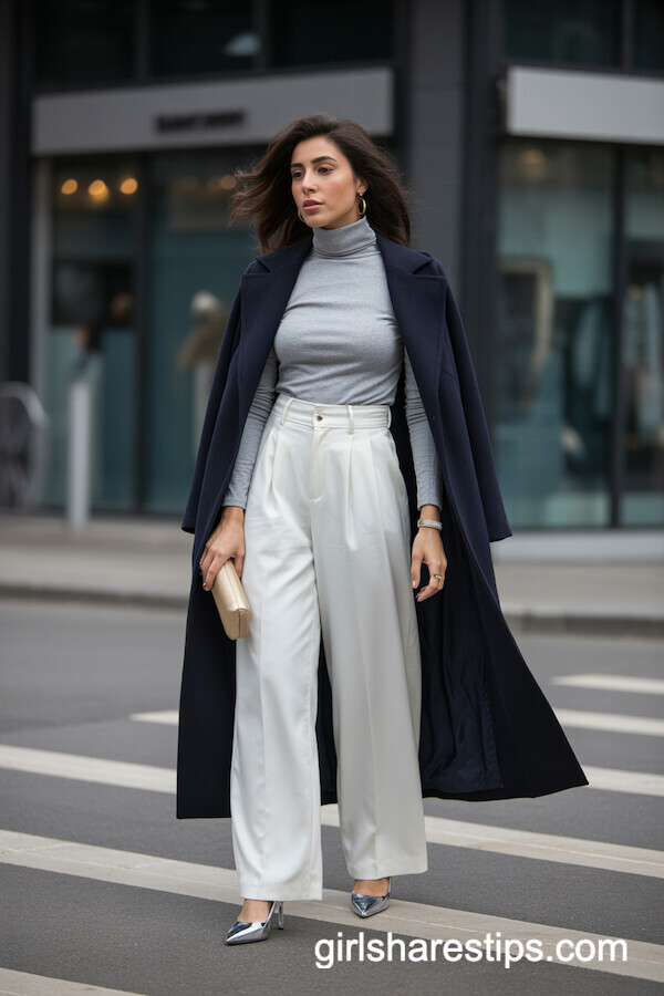 Grey Turtleneck and Navy Coat