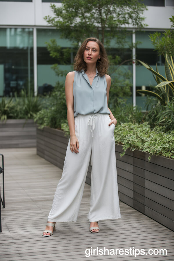 Flowy white pants with robin-egg blue blouse
