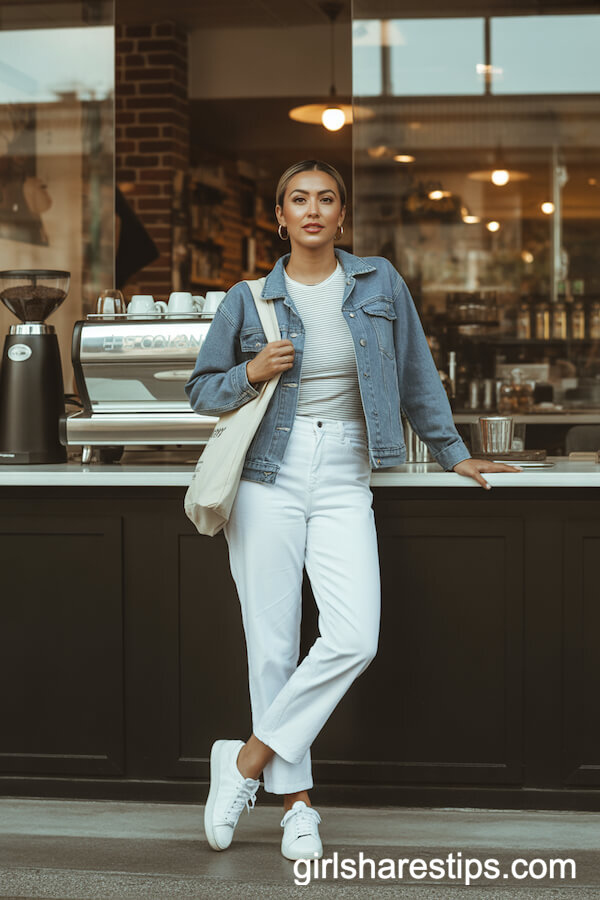 White pants with light blue denim jacket
