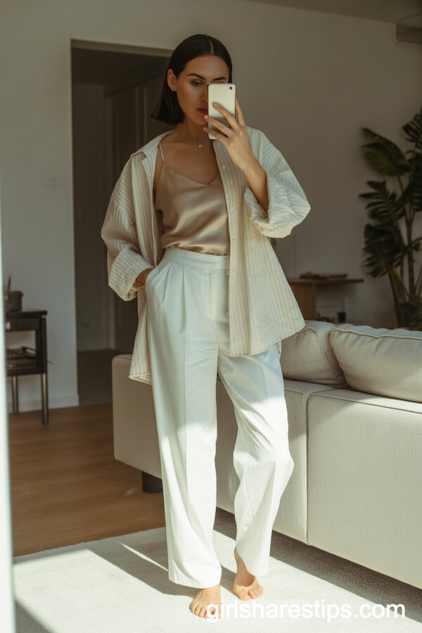 Tailored white trousers with sheer oversized blouse