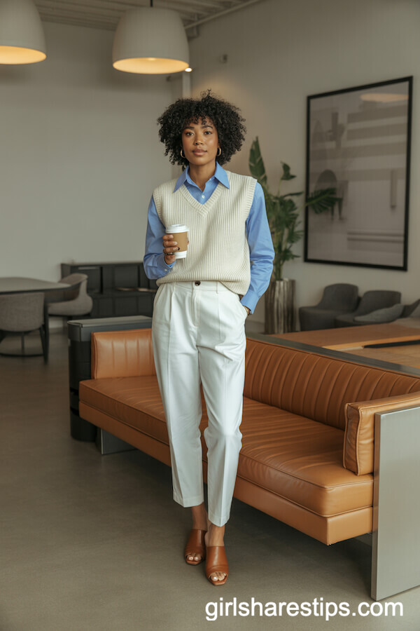 White pants with cream sweater vest and button-down