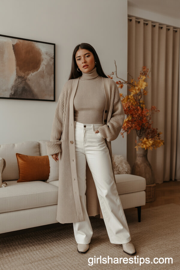 Straight-leg white pants with oatmeal cardigan