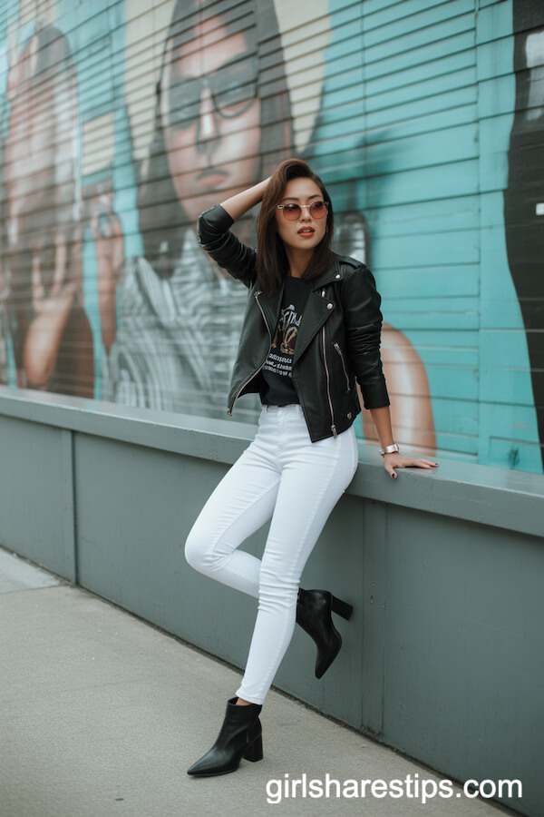 White skinny pants with black leather jacket