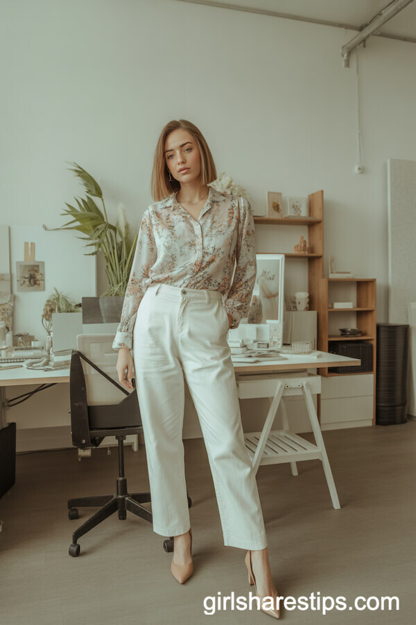 White straight pants with floral printed blouse