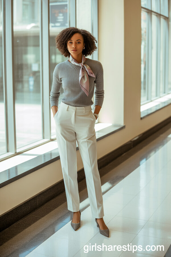White pants with grey cashmere sweater