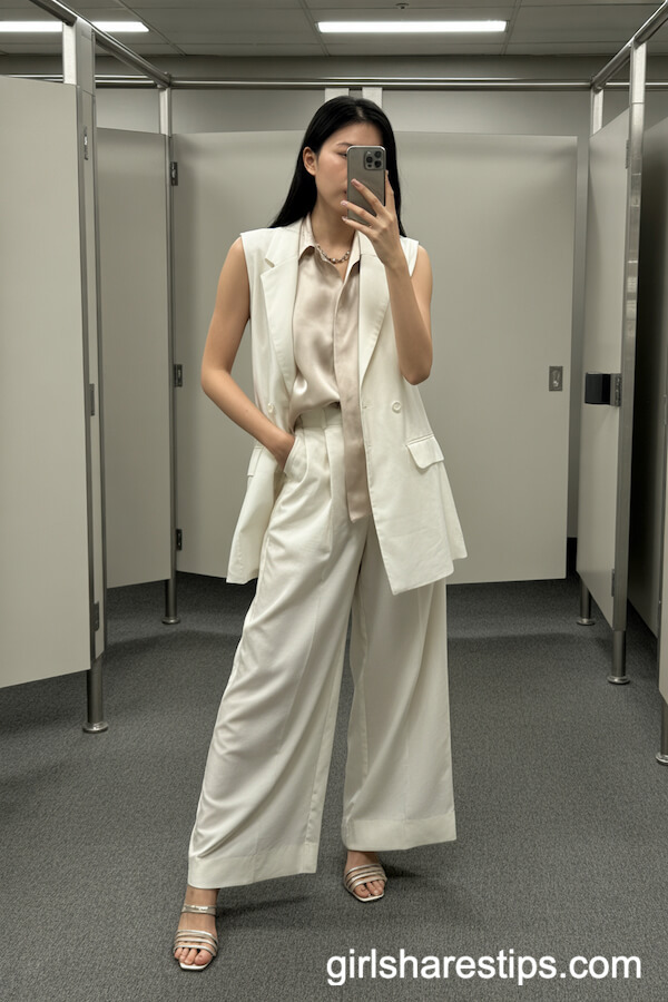 White wide-leg trousers with silk blouse