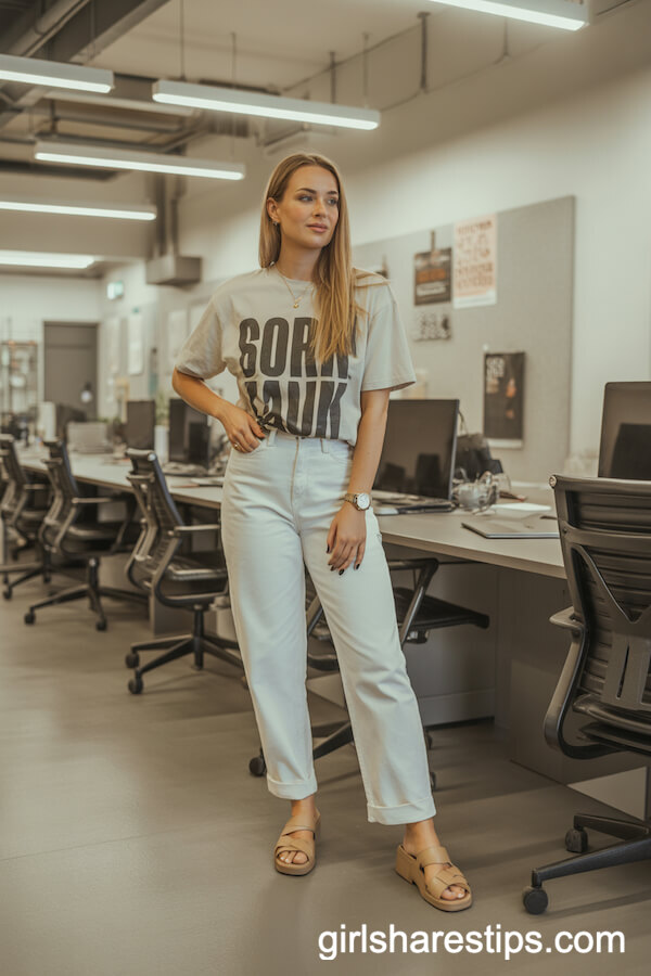 White straight jeans with graphic tee