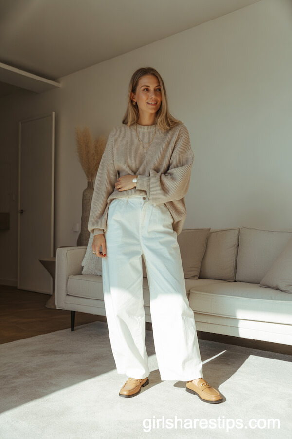 White wide-leg pants with beige knit sweater